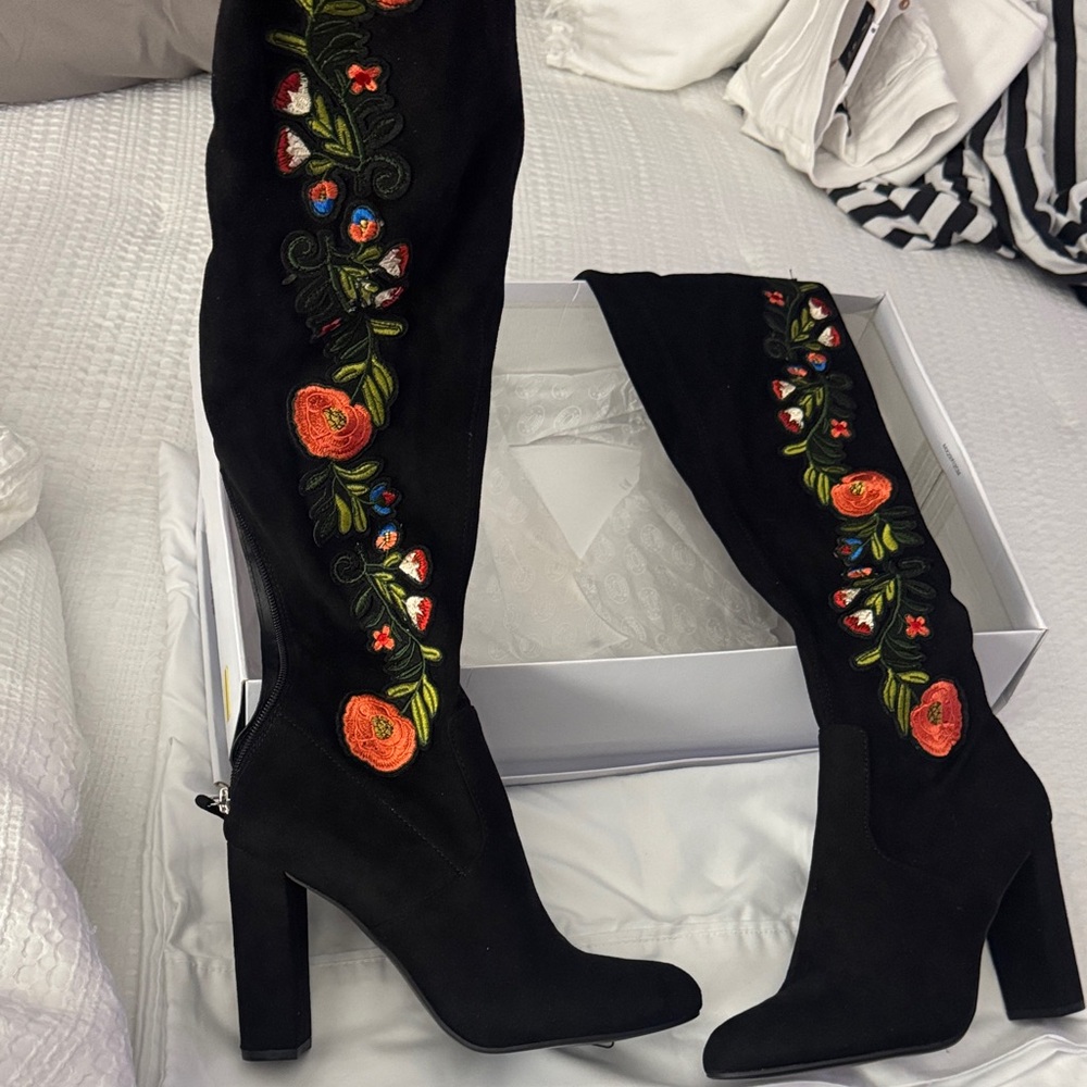 Steve Madden Black Floral Over the Knee Boots